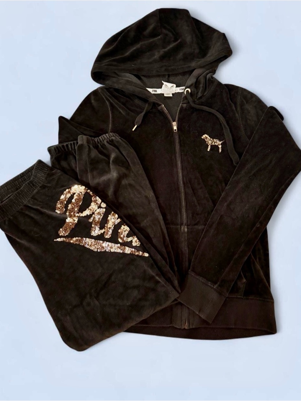 Y2K Victoria's Secret Black Velour women Zip Hoodie & Pants with Gold Sequin